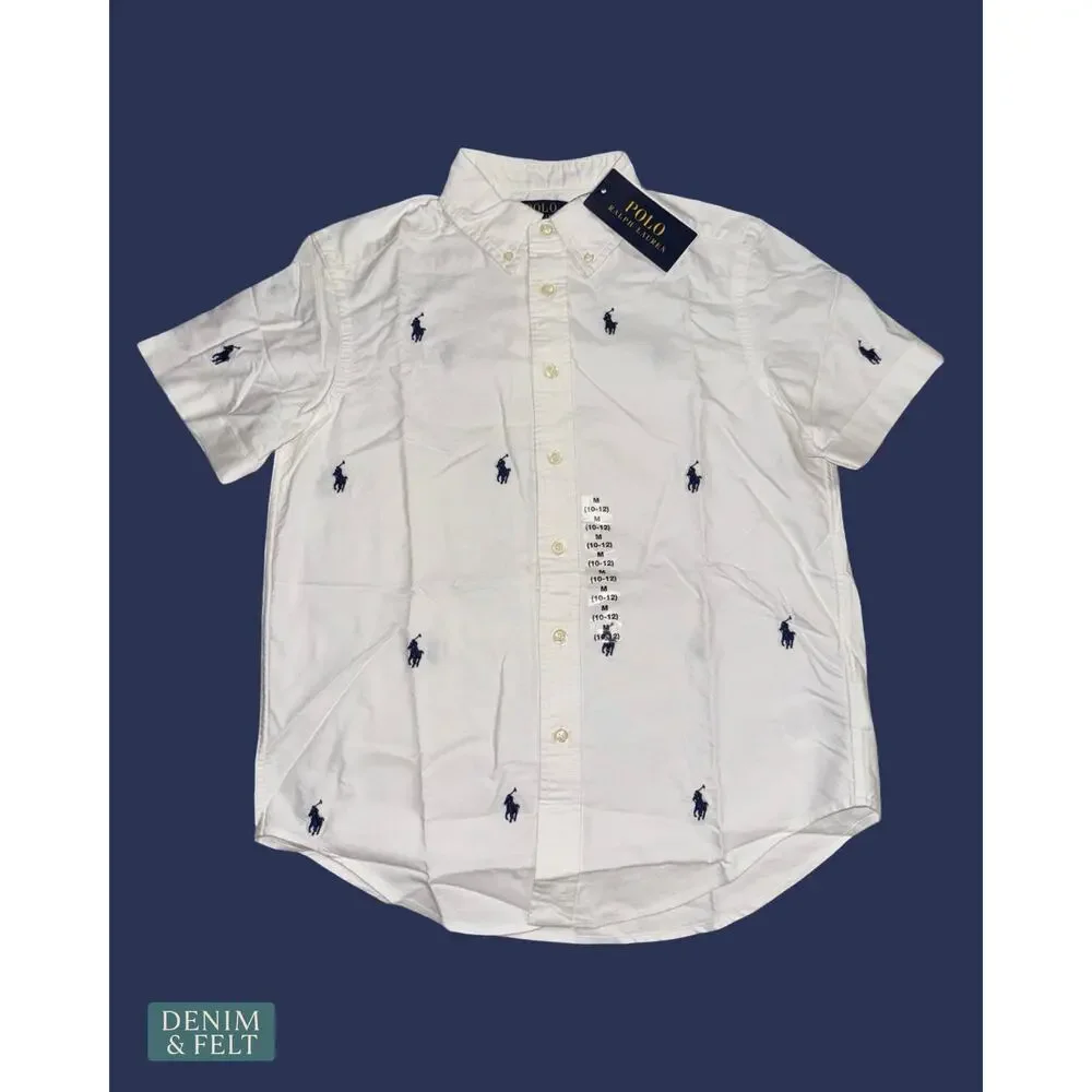NEW Polo Ralph Lauren Boy White Pony Print Oxford Shirt Button Down Short Sleeve